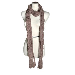 Y2K Skinny Scarf Crochet Floral Applique Beige Fringe Romantic Cottagecore VTG